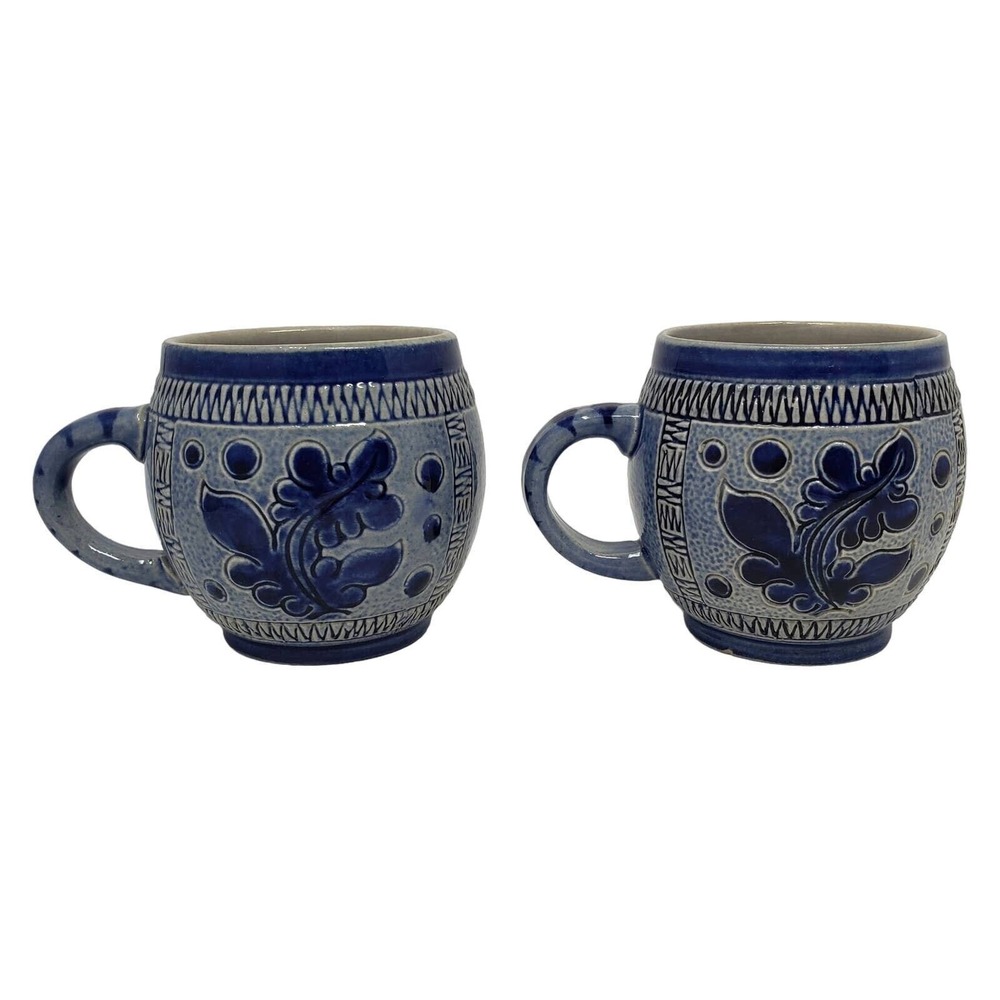 Marzi Remy 3141 Pottery Mugs Set 2 German Stein Blue Engraved Floral Cup Ceramic